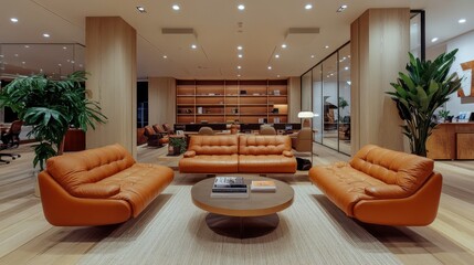 Fototapeta premium A modern, stylish lounge featuring orange sofas, a round coffee table, and green plants, creating a warm and inviting atmosphere.