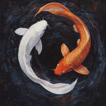 Two Koi swimming in perfect symetry