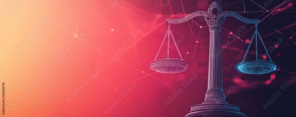 Poster a modern depiction of a balanced scale against a colorful background, symbolizing justice and fairne