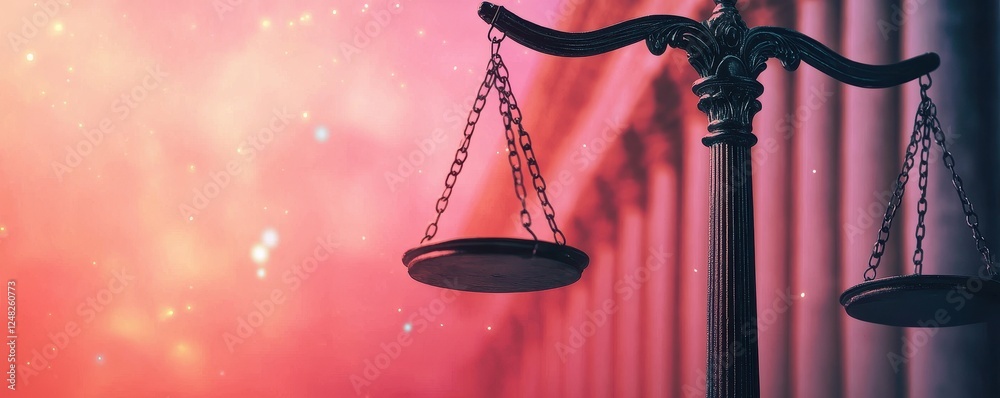 Poster a close-up of a scale symbolizing justice against a colorful, abstract background.