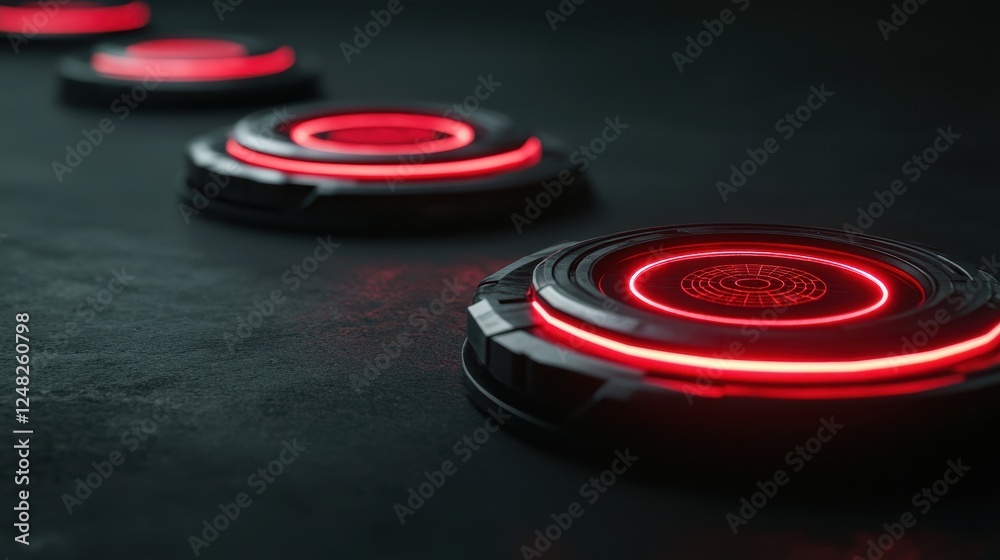 Poster a close-up view of circular devices with glowing red rings, arranged in a line on a dark surface, su