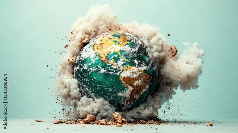 Poster explosive eruption of planet earth surrounded by clouds of dust and debris in a creative artistic co