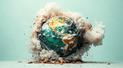 Explosive Eruption of Planet Earth Surrounded by Clouds of Dust and Debris in a Creative Artistic Concept