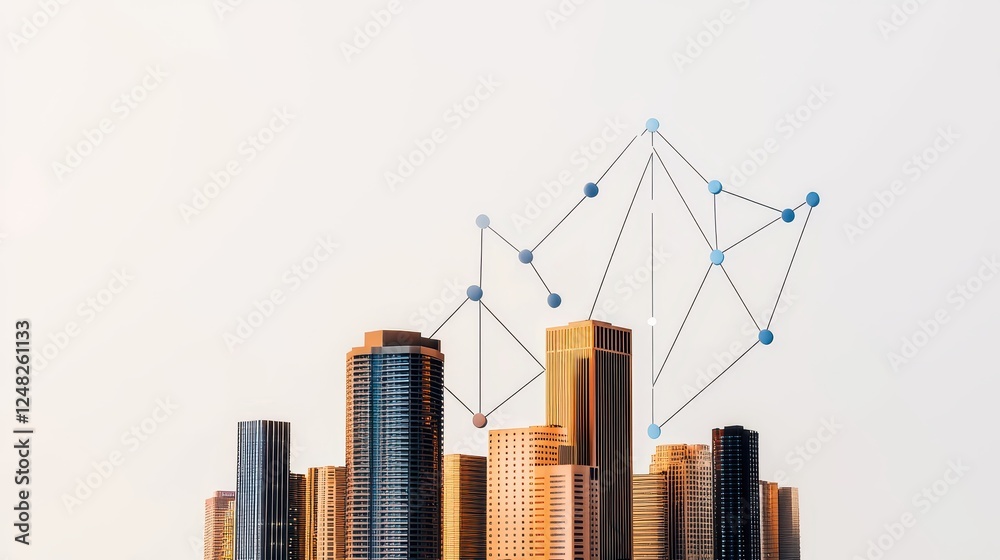 Poster a city skyline with rising bar graphs and connecting nodes, symbolizing growth, data analysis, and u
