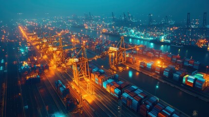 A vibrant aerial view of a bustling port at night, illuminated by bright lights, showcasing cranes and cargo containers amid a busy urban landscape.