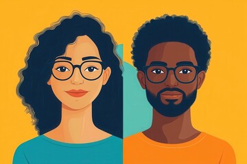 Fototapeta premium A colorful digital illustration featuring a woman with curly hair and glasses alongside a man with glasses, both smiling against a vibrant orange background.