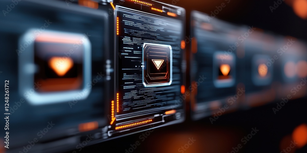 Poster A futuristic display of interconnected microchips with glowing elements, showcasing advanced technology in a digital environment.
