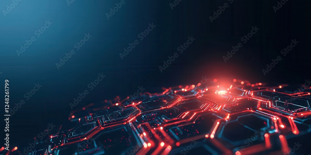 Aufkleber A futuristic digital landscape featuring interconnected hexagonal patterns illuminated with red and blue light, creating a sense of depth and technology.