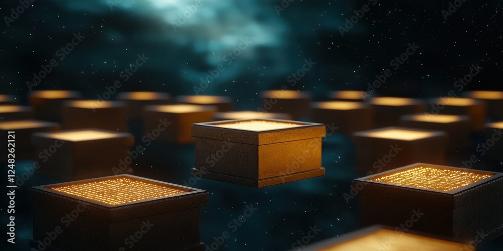 Aufkleber A mesmerizing digital scene featuring glowing cubes in a cosmic environment, creating a sense of depth and intrigue.