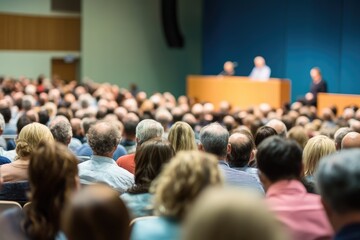  Business conference audience attentively watching a speaker on stage. Professional corporate event with a blue background, ideal for marketing and presentation materials.