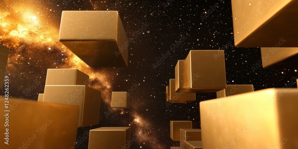 Poster A surreal scene showing floating golden cubes in space, surrounded by a starry backdrop, creating a sense of depth and cosmic wonder.