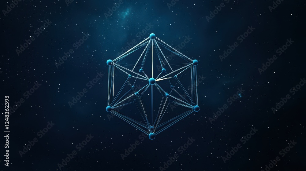 Poster a geometric structure composed of interconnected lines and nodes, set against a dark, starry backgro