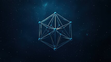 A geometric structure composed of interconnected lines and nodes, set against a dark, starry background, evoking a sense of depth and dimension.