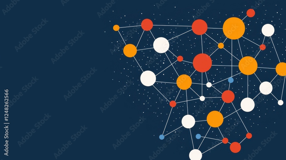 Poster a visually striking network of colorful nodes connected by lines against a dark background, represen