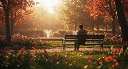 Person reading a book in park, golden sunset, fountain.