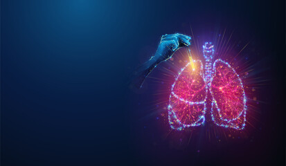 Lowpoly Hand Take Tests to Diagnose Lungs Health. Abstract geometric illustration on bacterial, virulent lung disease diagnostic healthcare medical concept made of neon particles on blue background