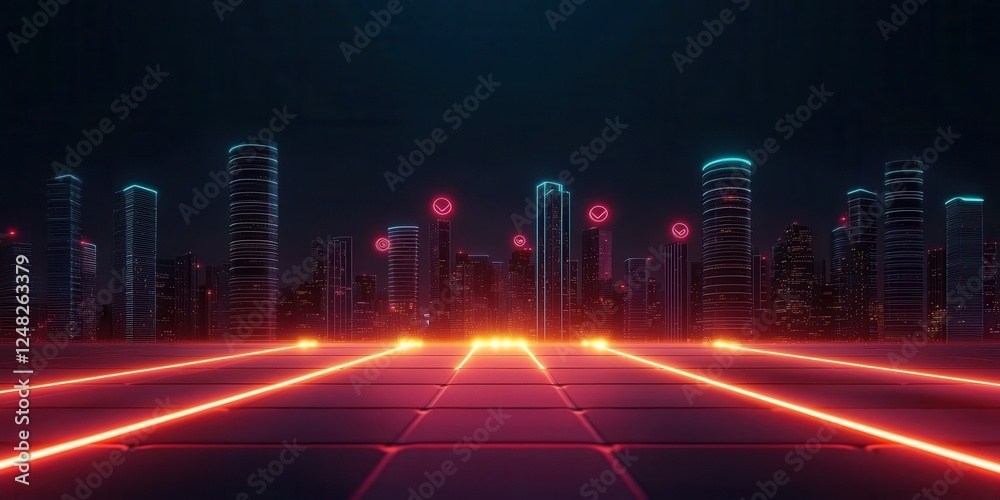 Poster a futuristic cityscape featuring illuminated skyscrapers with neon lights and a glowing grid on the 