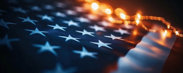 US flag draped, lights bokeh background, patriotic