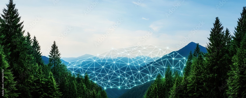 Poster a mountainous landscape with lush trees, featuring a digital network overlay symbolizing connectivit