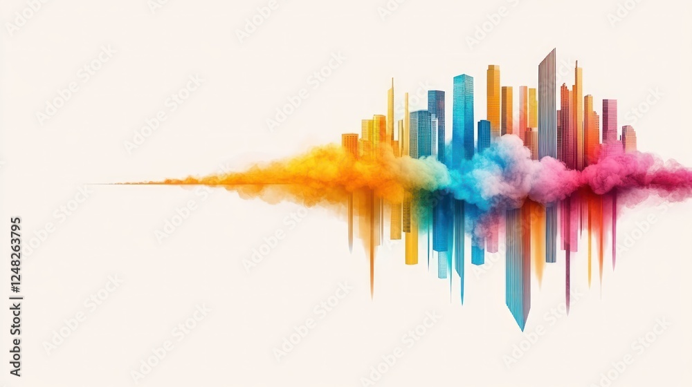 Poster vibrant cityscape with colorful sound waves and clouds creating a dynamic urban atmosphere
