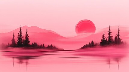 A beautiful landscape with a vivid red sun setting over a calm body of water silhouetted trees and mountains in the distance all in shades of pink