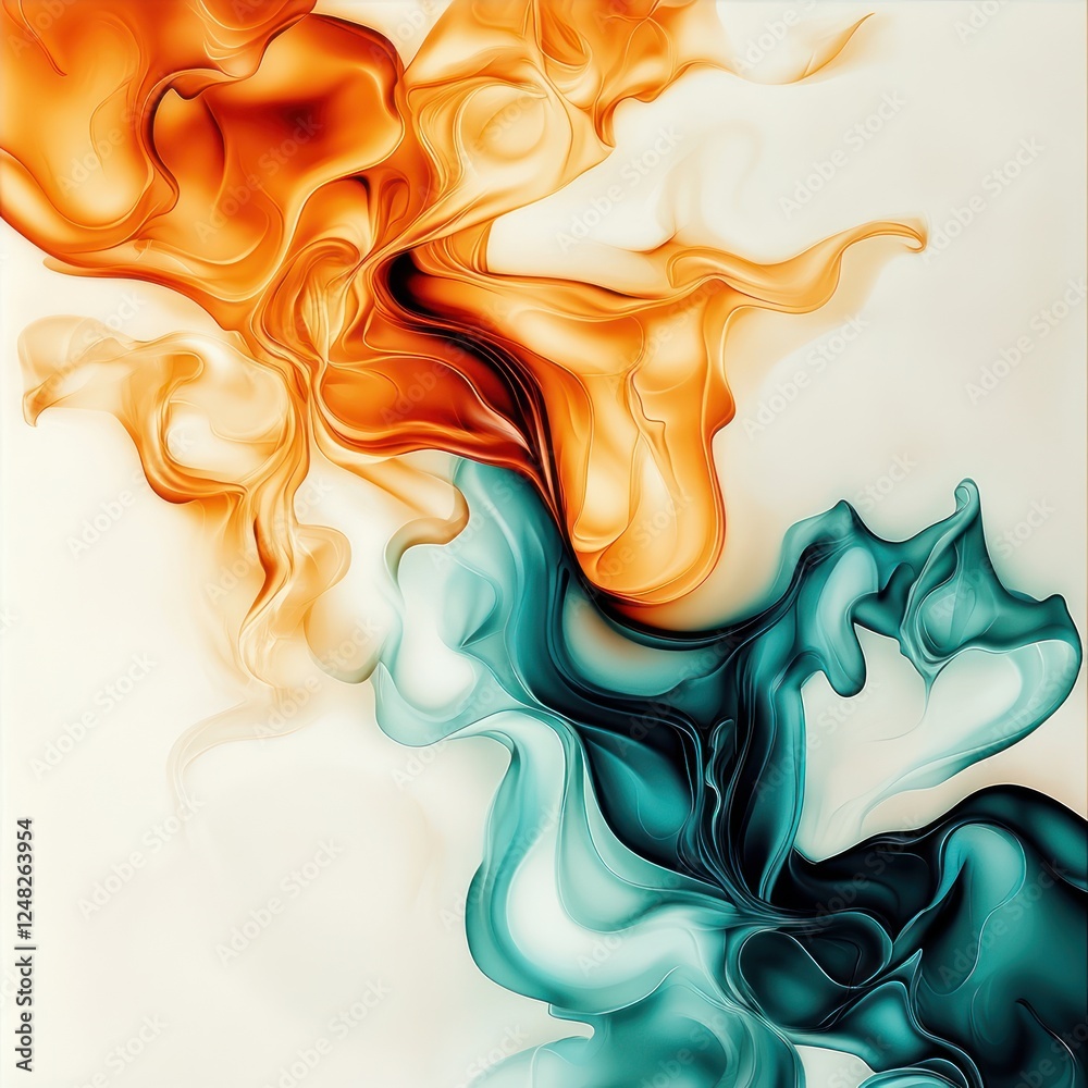 Poster Abstract Colorful Fluid Art Design with Swirls of Orange and Teal on Light Background
