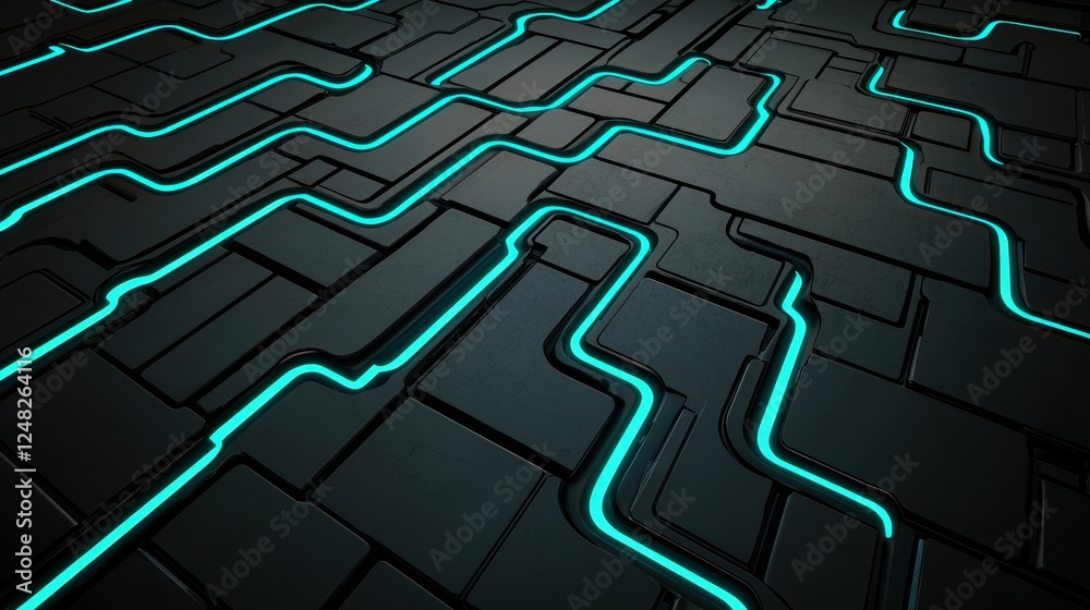 Aufkleber a futuristic, abstract image featuring dark surfaces with glowing turquoise lines, resembling a circ