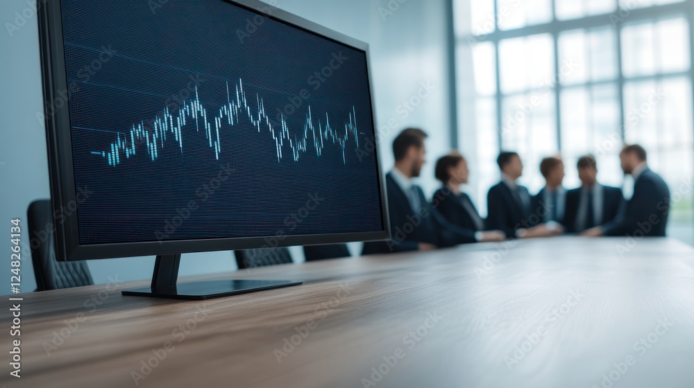 Fototapete Computer Monitor Displaying Finance Data with Business Team Meeting in Background at Modern Office
