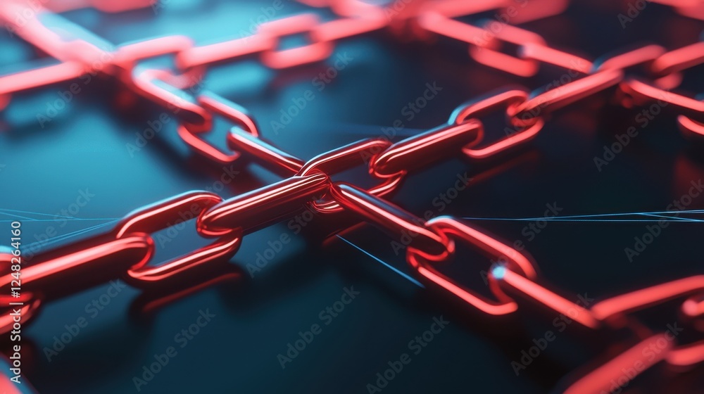 Poster A close-up of interlinked red chains on a dark surface, showcasing a modern, digital feel with a focus on connectivity and strength.