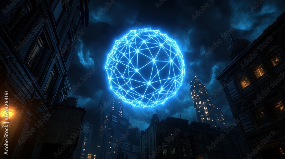 Poster a glowing blue sphere with a network of lines illuminates a dark urban landscape, creating a dramati