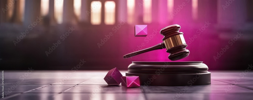 Poster a gavel rests on a block, surrounded by pink gemstones, symbolizing justice and luxury in a visually