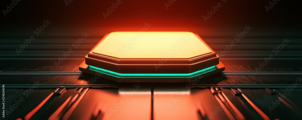 Poster A glowing hexagonal object sits on a sleek, dark surface, illuminated with red and teal lights, creating a futuristic, tech-inspired appearance.