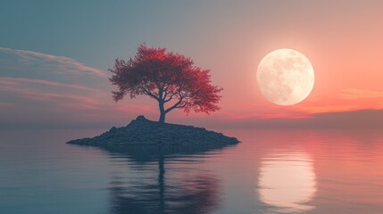 Fototapeta premium Solitary red tree on island, full moon sunset, calm water, serene landscape, peaceful meditation