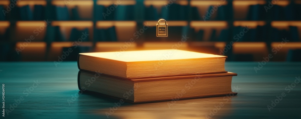 Poster a glowing book rests on a table, illuminated against a blurred background of bookshelves, suggesting