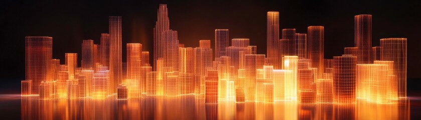 A vibrant, glowing city skyline at night, featuring illuminated buildings in shades of orange and yellow set against a dark backdrop.