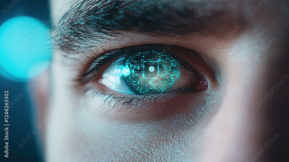 Poster a human eye overlaid with a complex algorithm, representing the potential for ai to enhance and augm