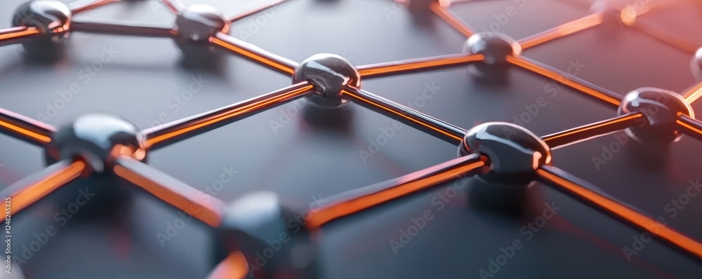 Aufkleber A close-up view of a futuristic, interconnected network of nodes, displaying a sleek, metallic design with glowing elements.