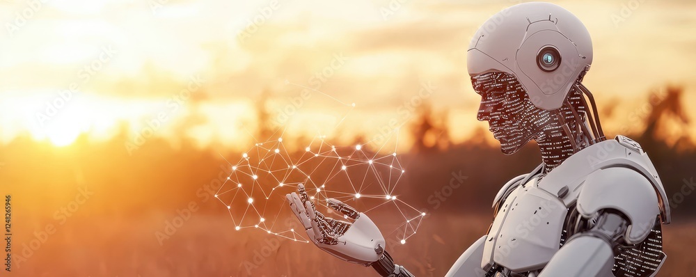 Poster a futuristic robot interacts with glowing data points against a sunset backdrop, symbolizing the fus