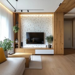 Modern living room with wooden accents and a flat-screen TV