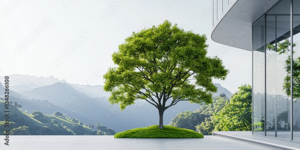 Poster a vibrant green tree stands alone on a landscaped area, framed by modern architecture and mountainou