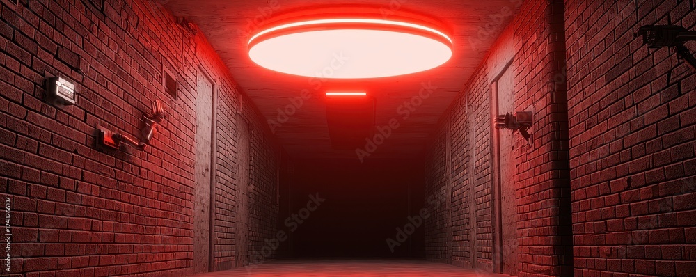 Poster a dark, eerie hallway illuminated by a glowing red light, creating a mysterious and ominous atmosphe