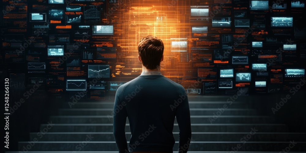 Aufkleber a person stands before a wall of screens, illuminated by a bright glowing center, suggesting a theme