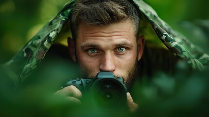 A wildlife photographer patiently waiting in a camouflage tent, using a telephoto lens to capture images of animals in their natural habitat.