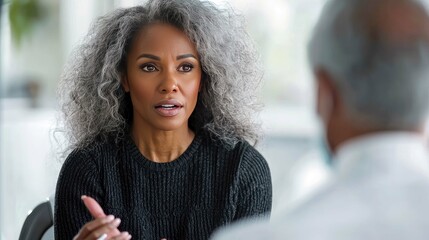 A mature woman with gray hair is having a serious conversation with her doctor. She looks concerned and thoughtful as she listens intently. The image conveys a sense of trust and professionalism.