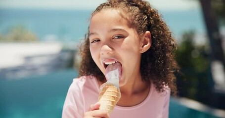 Face, child and outdoor for messy ice cream, travel and flavor development with vanilla gelato. Happy girl, portrait and person eating cool snack on school vacation, freedom and frozen sweet dessert