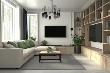 Modern living room with beige sofa and wooden shelving unit