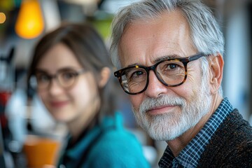 A mature man with glasses smiles warmly at the camera, while a young woman with glasses is softly blurred in the background, creating a cozy cafe atmosphere.