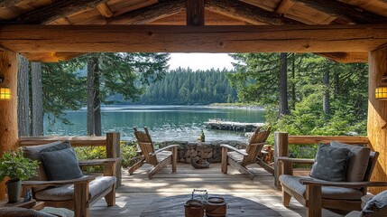 Fototapeta premium Spectacular Lake View from a Rustic Wooden Cabin Porch: Peaceful Getaway in the Forest