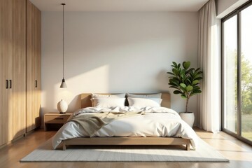 Serene minimalist bedroom Calming neutral tones, simple lines , texture, peaceful, sheets