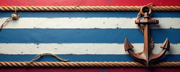 Striped nautical banner with rope and anchor detail, vintage, maritime